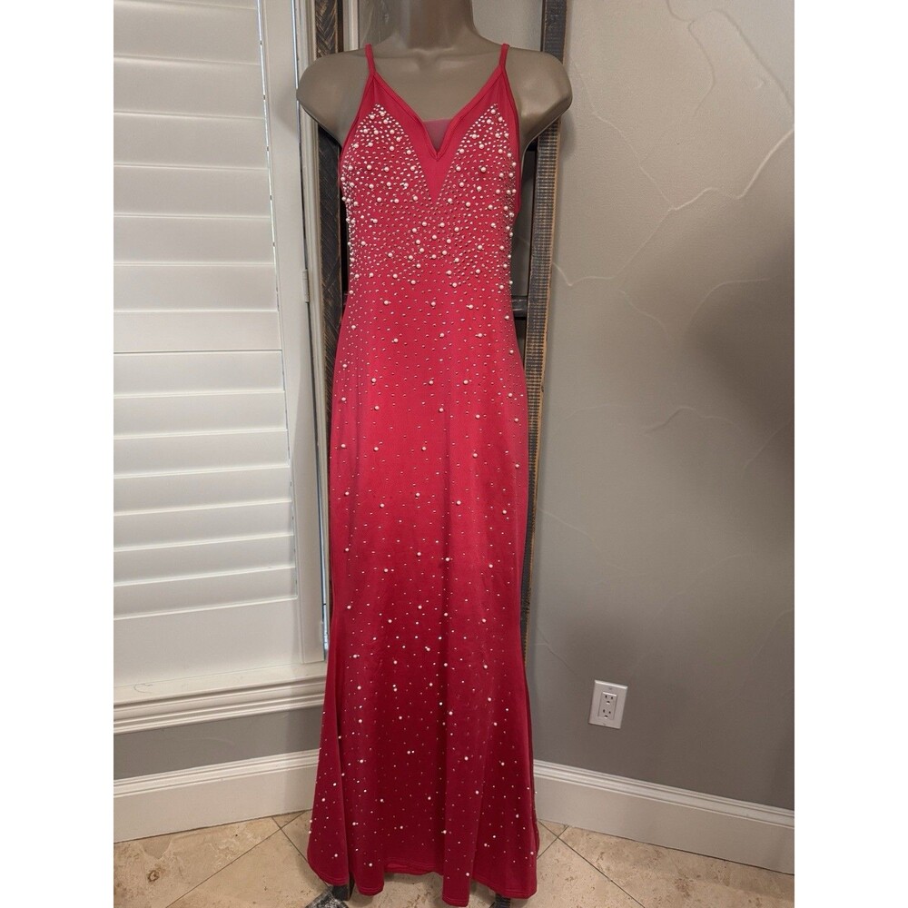 Long V-Neck Pearl and Rinestones Maxi Dress  Size L Pink